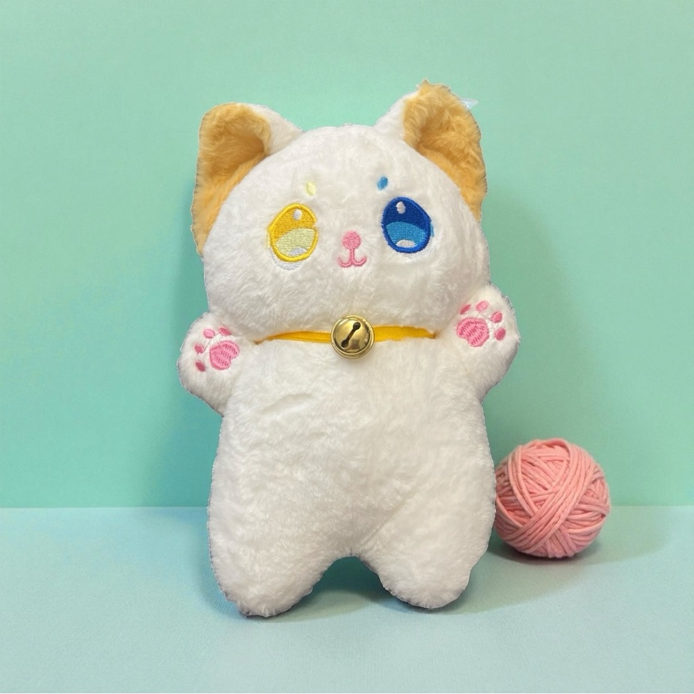 White Plush Cat with Bell Collar – Heterochromia Eyes (Blue & Yellow)